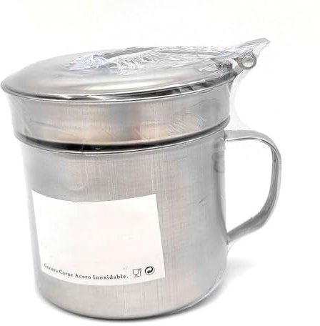 Tradineur - Grasera de metal para carne de 9,2 cm de diámetro y 10,7 cm de altura, con filtro, asa y tapa. Aceitera con colador para conservación de aceite de acero inoxidable. Recipiente para aceite