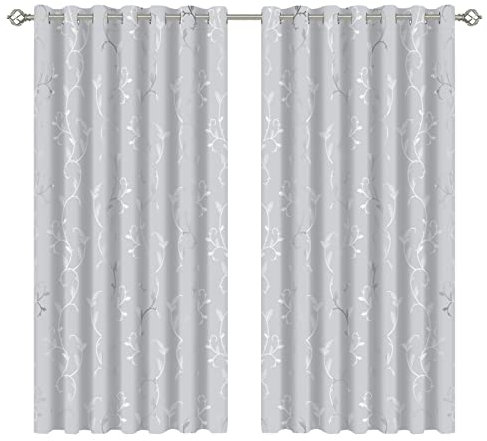 BUHUA Verdunkelungsgardinen mit Ösen, Thermo Gardinen Blickdicht Vorhänge, Verdunkelungsvorhänge Weinstock Muster Wohnzimmer, 2er Set H 229 x B 229 cm, Grau Weiß