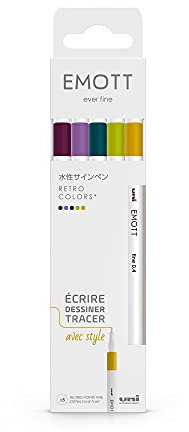 uni-ball Emott Uni Mitsubishi Pencil – 5 Filzstifte Retro Colors – Schreiben, Zeichnen, Zeichnen mit Stil! – feine Spitze 0,4 mm – Blau Grün, Orchidee, Weinrot, Strohgelb, Apfelgrün