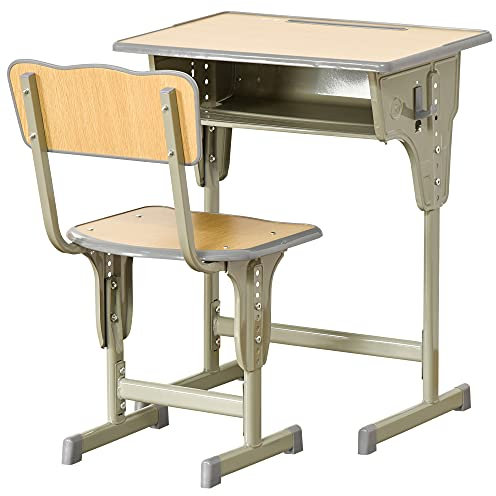 HOMCOM Kinderschreibtisch im Vintage-Stil im Stil eines Schulpults - verstellbare Schreibtisch- und Stuhlkombination - Aufbewahrungsbox, Bracket, Stiftehalter - khakifarbener Stahl MDF in Heller