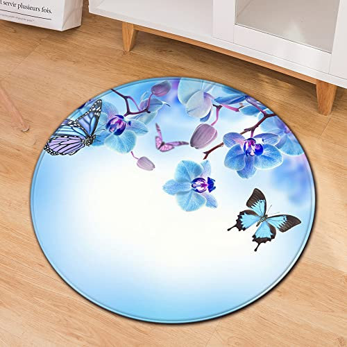 Morbuy Tapis Rond Lavable en Machine, Style Chinois Interieur Anti Slip Chambre à Coucher Salon Tapis d'Entrée Absorbant Antidérapant (120cm,Papillon Bleu)