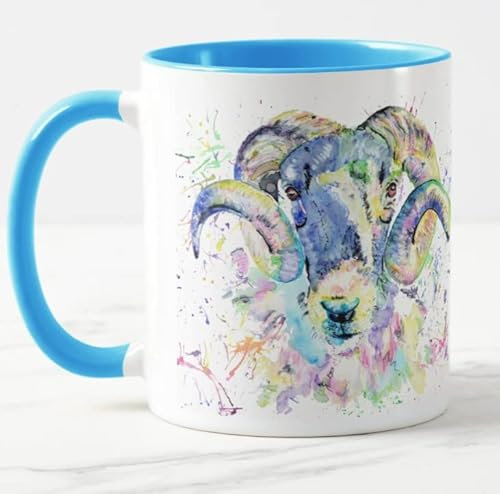 Tasse mit Motiv Ram Goat Farm Animals Aquarell Art Farbige Tasse Geschenk Geburtstag Arbeit Büro Weihnachten Tee Kaffee (Lblau)