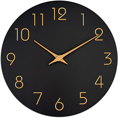 Mosewa - Orologio da parete, 35,5 cm, moderno, forma piatta, silenzioso, a batteria, senza ticchettio, semplice e minimalista, numeri in oro rosa, decorativo (nero)
