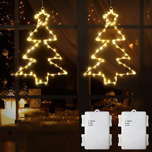 DreiWasser Beleuchtet Fensterdeko Weihnachtsbäume Batteriebetrieben 2 Stück 120 LED Weihnachtsbaum mit 1m Zuleitung und Timer für Fenster Beleuchtung Deko