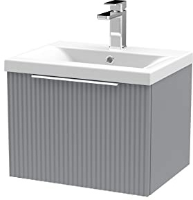 Hudson Reed DFF291A Fluted Modern Bathroom Wall Hung 1 Drawer Vanity Basin Unit with Mid-Edge Ceramic Basin, 500mm, Satin Grey