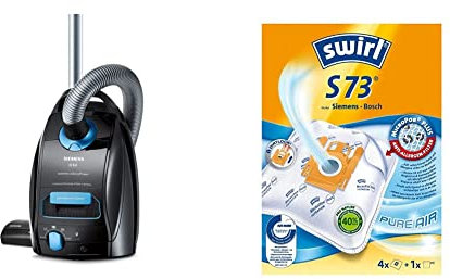 Siemens Staubsauger mit Beutel Q5.0 Extreme silencePower VSQ5X1230, Bodenstaubsauger, 850 W, schwarz & Swirl S 73 MicroPor® Plus Staubsaugerbeutel, 4 Stück inkl. Filter