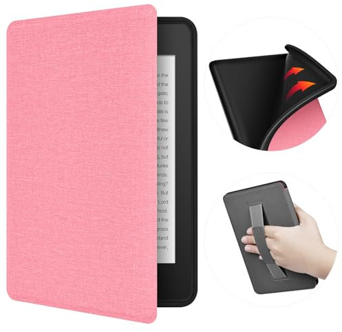 ERUNTO Hülle für 6,8-Zoll-Kindle Paperwhite and Paperwhite Signature Edition, mit Stoffstruktur und Handschlaufe auf der Rückseite, magnetische Hülle mit intelligenter Weck-/Schlaffunktion(Rosa)