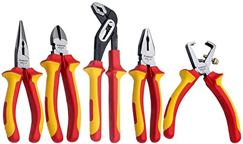 WEDO - 5 tlg isolierten Zangen Set - Kombizange 8, Spitzzange 8,Seitenschneider 7,Abisolierzange 170mm und Wasserpumpenzange 10- 1000V isoliertes Professional Elektro Werkzeuge Set