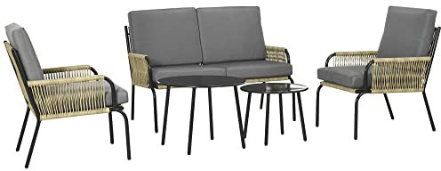 Outsunny Salon de Jardin en résine tressée modulable 4 pers. 5 pièces avec 1 canapé 2 fauteuils et 2 Tables Basses Rondes Acier Sable