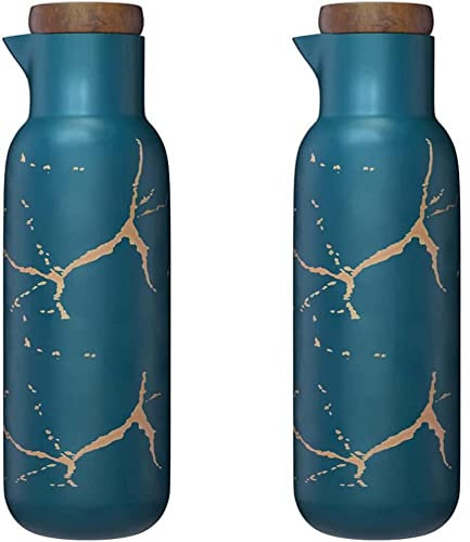 MAGICVOGEL Set di 2 bottiglie di olio, dispenser di olio in ceramica, effetto marmo, dispenser di olio d'oliva, 380 ml, per cucina, barbecue, barbecue, colore verde