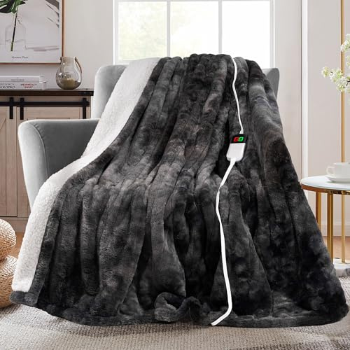 MAXEVE Electric Heated Throw Faux Rabbit Fur Blanket with 8 Heating Levels & 8 Hours Auto Off, Fast Heating Warm Cozy Sherpa Washable Blanket with Over-Heat Protection, ETL Certification, Grey