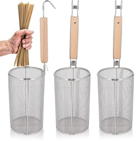 Panier de Passoire à Pâtes en Acier Inoxydable perforé de Cuisine, Passoire à Araignée en Maille, Passoire à Nouilles pour Boulettes de Nourriture avec poignée en bois