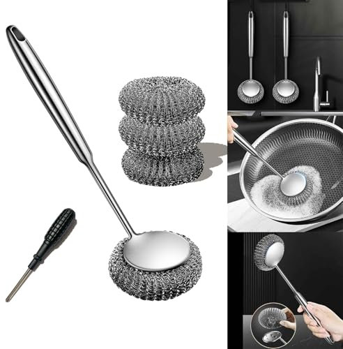 Stainless Steel Scourer Scrub Set with Long Handle Brush+Steel Ball+Screwdriver Metal Scouring Pad Removes Grease, Oil and Dirt Stains from Pots, Dishes and Bakeware (B)