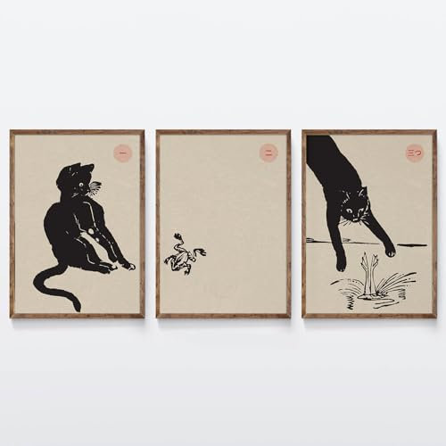 Japanische Wandkunst Katze Kunst Frosch Poster Schwarze Katze Wandkunst Japanisches Poster Katze Poster Japanische Kunst Beige Poster Katzenzimmer Dekor Boho Poster Katzenbilder für Wohnzimmer