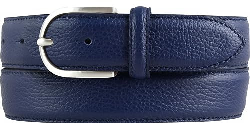 Italienischer Damen-Gürtel, 35 mm breit, Damen, Chinogürtel, Hosengürtel, strukturiertes Leder, Schließe Silber | Blau 100cm