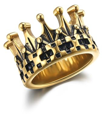 GTHIC Edelstahl Königreich Kronen Ringe für Frauen Männer Punk Königin Ritter herrschsüchtige Ringe Goldton Statement Ringe Gothic Schmuck, Größe 9