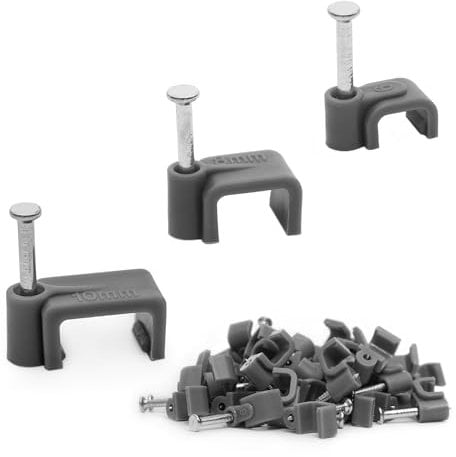 Cable Clips Flat Grey Wire Clips with Stainless Steel Nails | 80pcs Assortment Ethernet Cable Clip | Electric Cable Wire Clip | Cable Wall Clips for Brick, Wood & Plaster