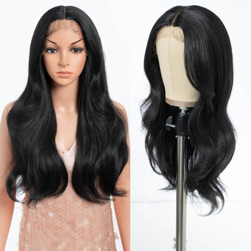 Style Icon Body Wave Lace Front Perücke 24 Zoll lang Schwarz Kleberlos Perücken für Frauen 4 Zoll T Teil Spitze Synthetische Perücke Vorgezupftes Baby Haar (1B)