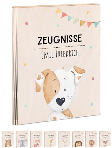 wunderwunsch® - Personalisierte Zeugnismappe aus Holz mit hochwertigem Spezial-Druck - Einschulung Geschenk - Zeugnismappe Jungen & Zeugnismappe Mädchen (Hund Girlande)