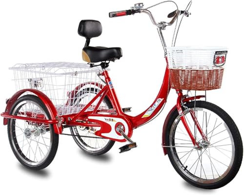 3 Räder Erwachsene Dreiräder Trikes 20 Zoll Fahrräder Dreirädrige Fahrräder Cruise Trike mit Einkaufskorb Hohe Rückenlehne für ältere Frauen Männer Radfahren Treten (Rot1)