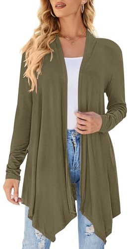Cardigan da donna drappeggiato aperto sul davanti casual a maniche lunghe leggero cardigan maglioni spolverino, Verde oliva., M