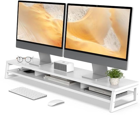 Fenge Dual Monitorständer Riser 108cm Große Computer Bildschirmständer für PC/Laptop/Fax/Drucker/TV, Schreibtisch Organizer,Tragfähigkeit 45KG (Weiß)