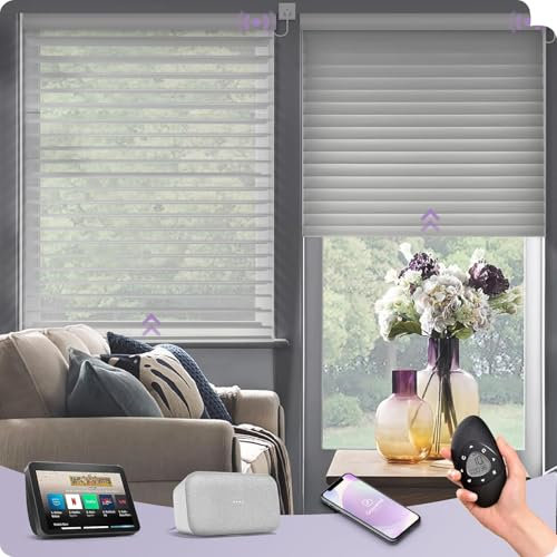 Graywind Customized Smart Shangrila Blinds with WiFi Hardwired Motor, Light Filtering Electric Roller Blinds With Remote Control, Privacy Motorised Shades Compatible Alexa Google, 2.56 Wider Grey