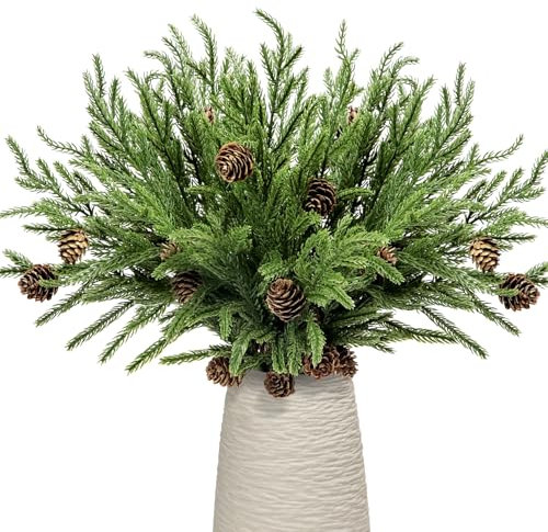 Kesywale Norfolk Pine Branches with Pine Cone 17 Christmas Greenery 8 Pack Green Artificial Pine Sprigs for Xmas Tree Filler Picks DIY Garland Wreath and Home Garden Decorations