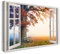 Printistico Leinwandbild (40x30cm) Fensterblick - Bank unter Baum Herbst Nebel Blätter Natur - Natur-Fotografie, echter Holz-Keilrahmen inkl. Aufhänger, handgefertigt in Deutschland