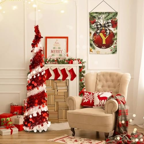 Warmiehomy 5ft/150cm Christmas Tree Decorations Xmas Tree Pop Up Collapsible Christmas Trees with Sequin Glittering Pencil Christmas for Home Office Store Christmas Decor, Red & White