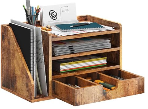 NiOffice Schreibtisch Organizer Holz, Dokumentenablage mit Seitlichem Aktenregal, 3 Ablagefächern & Schublade, Briefablage A4 für Büro und Arbeitszimmer, Aktenaufbewahrung und Papierablage (Braun)