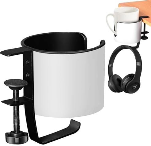 2 in 1 Desk Cup Holder with Headphone Hanger - Anti-Spill, Easy to Install, Sturdy & Durable, Holds Coffee Mugs, Water Bottles & Headphones