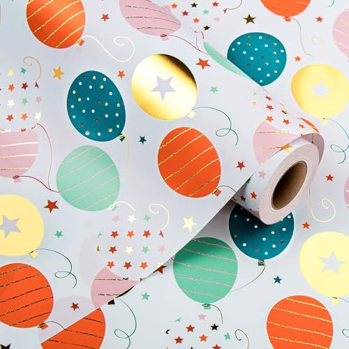 Wikadlik Geburtstags-Geschenkpapier – Bunte Ballon-Metallic-Gold-Geschenkpapierrolle für Dusche, Party, Feier – 43 cm x 10 m