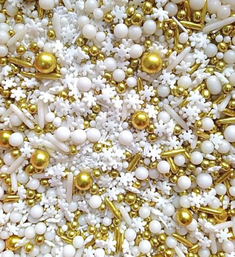 SD Pearls Streuselmix – Essbare Zuckerstreusel & Perlen in Gold und Weiß mit Schneeflocken, Tortendeko für Weihnachten & Wintergebäck (Mix „Erster Schnee“, 100g)