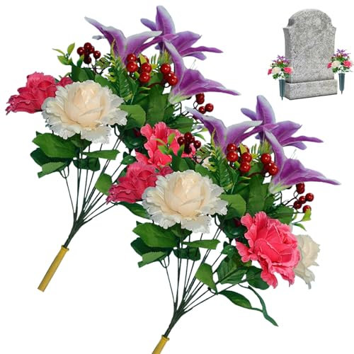 rupusiner 2 Bündel künstliche Blüten für Gräber 17.3 '' Grabblumen 12 Köpfe Friedhofsblüten Rosen und Lily Memorial Seidenblumen für Gräber Grabsteine ​​Grabdekorationen Lila lila