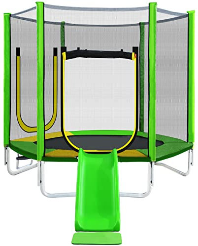 Gelukueub 7ft Kids Trampoline with Slide, Safety Encloser Netting and Ladder for Indoor and Outdoor Use, Heavy Duty Steel Frame Jumping Trampolines, Green