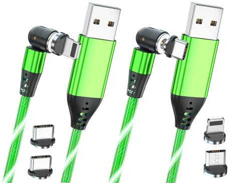 REFLEX POWER 1M 3-in-1 540° Rotate - Glow in the Dark Green Magnetic USB C Charging Cable for iPhone/iPad, Micro USB, Type-C, 2.4A Fast Charge, Rotating Magnetic Design - Green LED Glow