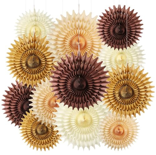 BestoFun 12PCS Paper Fans Brown Neutral Boho Party Decorations Tissue Paper Flowers Decorations for Girl Groovy Birthday Baby Shower Wedding Bachelorette Room Wall Hanging Décor