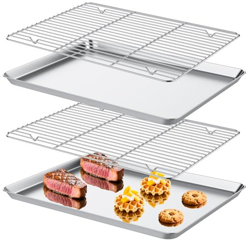 FoiiLiio 2 Piezas bandejas hornear con juego de estante de refrigeración,Profesional en Acero Inoxidable[2 hojas + 2 estantes],40 x 30 x 2,5 cm bandeja rectangular para hornear