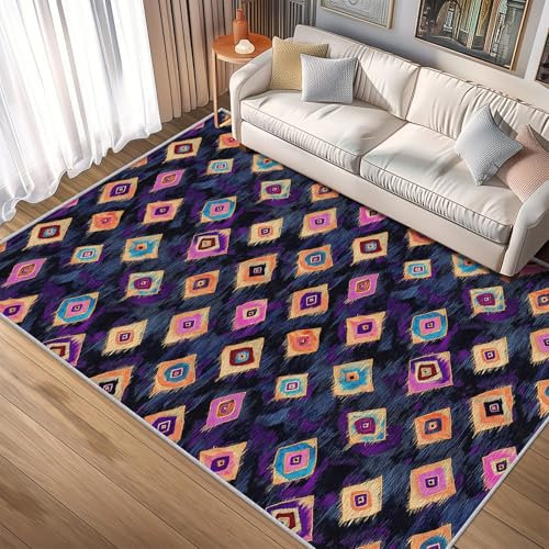SUWALI Teppich Ikat-Stil, 120x160, Wohnzimmer Schlafzimmer, Buntes Rautenmuster Boho Stammes Ethnisch Motiv Design Zimmer Deko, Waschbar, rutschfest, Kurzflor, Weich