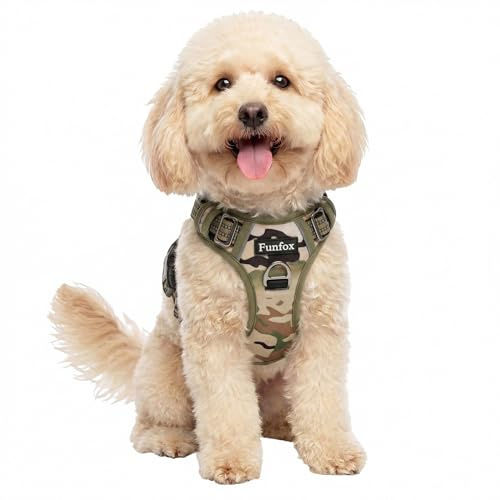 Funfox Hundegeschirr Kleine Hunde [S] - Anti Zug Welpengeschirr mit Griff & Ringreflektoren, Atmungsaktives Verstellbares No Pull Brustgeschirr für Kleine Mittelgroße Hunde Outdoor Kampfuniformgrün