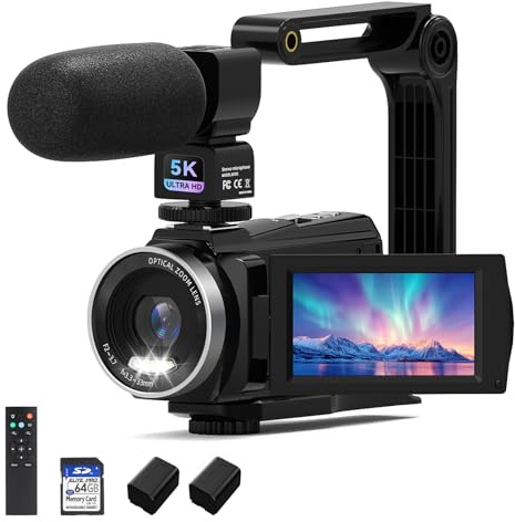 Videocamera 5K 48MP UHD WiFi Vlogging Camera per YouTube, zoom ottico 10x, touch screen IPS da 3, fotocamera digitale anti-shake con luce di riempimento LED, scheda da 64 GB, microfono