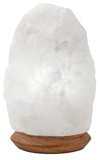 HAF Weiße Salzlampe aus echtem Kristallsalz | 2-3 kg Salzkristalllampe in Naturform | Salzsteinlampe auf Holzsockel aus der Salt Range Punjab | Dekorative Nachttischlampe für Wellness & Meditation