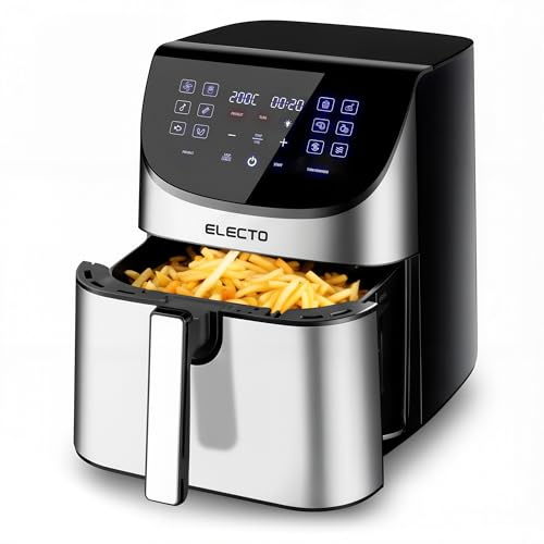 ELECTO AIRCRISP Heißluftfritteuse 8L – 2000W – 14 Automatikprogramme – Digitales Touch-Display – Fettfreies Kochen mit Rapid Air Technologie – Antihaftbeschichtung & Timer – Silber