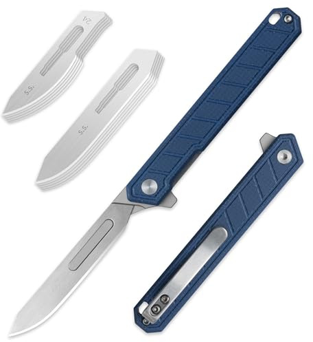 OLITANS G046 Mecha Mini Slim Folding Scalpel with 5pcs #24 and 5pcs #60 Micarta Handle with Liner Lock, Utility EDC Pocket Knife with Back Clip(Blue)
