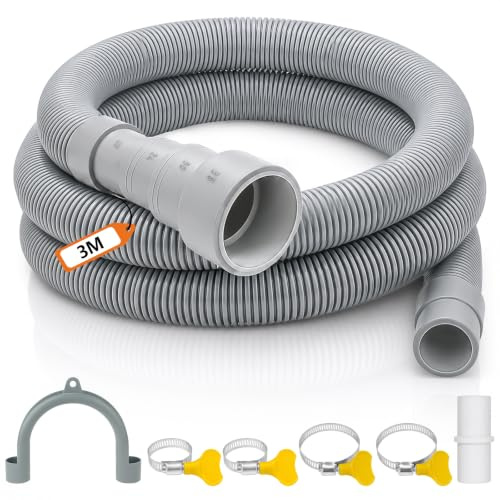 Manguera Desagüe Lavadora, 1/1.5/2/3m Tubo Desague Lavadora Universal con Abrazaderas y soporte en U, Tubo Desagüe Lavavajillas para Lavavajillas y Secadora (3 m / 6 accesorios)