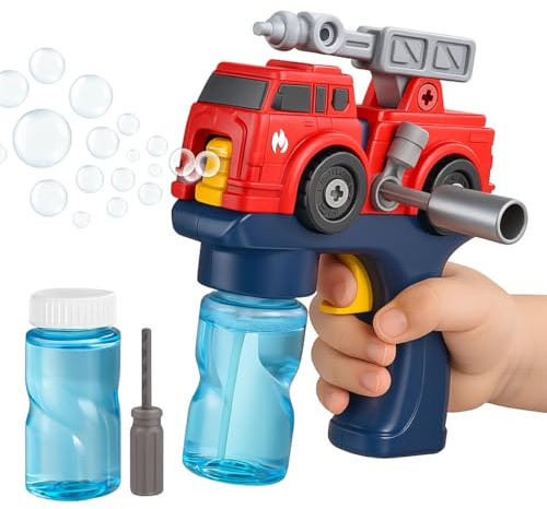 Toyana Bubble Gun for Kids, Take Apart Fire Truck Building Toy, Automatic Bubbles Blower Machine with 2 Bottles Bubble Concentrate Solution Garden Activity Set for Children 3+ Years