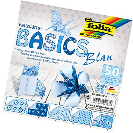 folia 464/1515 - Faltblätter Basics blau 15 x 15 cm, 80 g/qm, 50 Blatt sortiert in 5 Motiven - ideal für wunderschöne Faltfiguren und -formen