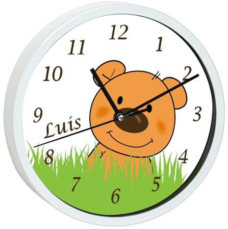 CreaDesign, Wanduhr für Kinderzimmer Teddy Bär-Graß, Kinderuhr weiß mit Quarz Uhrwerk, personalisiert mit Name, Durchmesser 19,5 cm