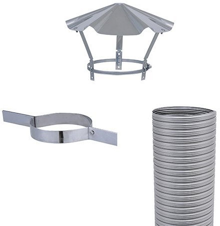 ISOTIP-JONCOUX 650005 Kit Flexible Flexitherm Diam 80 : 5 Mètres + Collier de Tubage + Chapeau Chinois, Inox, Set de 3 Pièces
